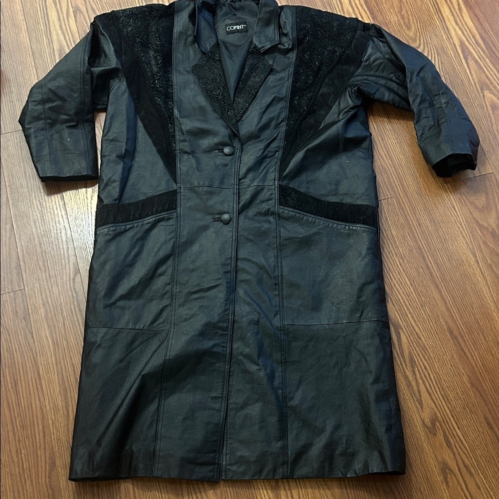 Comint 90s Leather Coat Womens L Oversized Black Patchwork Embossed‎ Long Trench